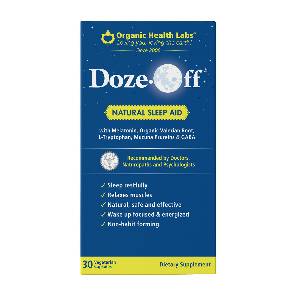 Doze-Off Natural Sleep Aid de Organic Health Labs, caja de 30 cápsulas vegetarianas, suplemento dietético