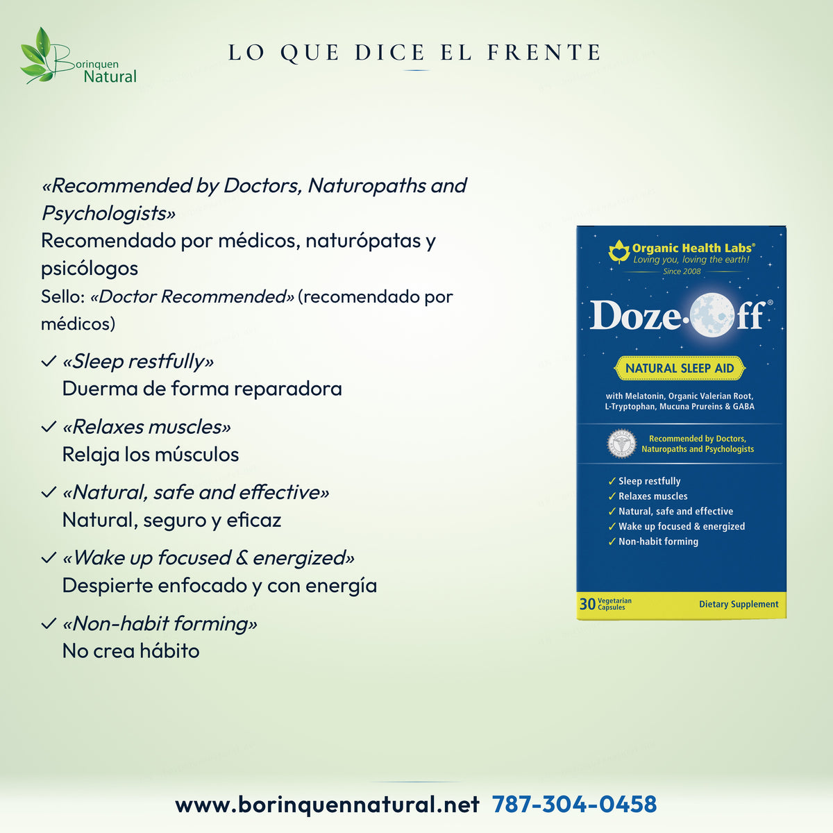 Lo que dice el frente de Doze-Off: recomendado por médicos; duerma de forma reparadora, relaja los músculos, no crea hábito