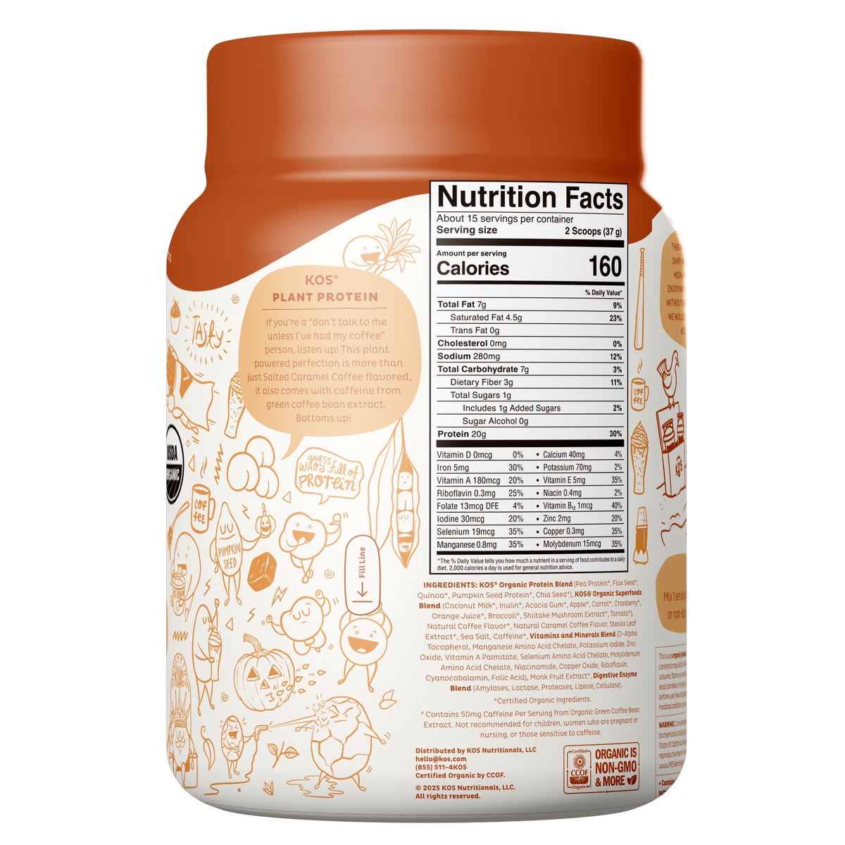 Proteína Vegetal Orgánica KOS Caramelo Salado con Café 20 g por Porción, 15 Porciones (19.6 oz)