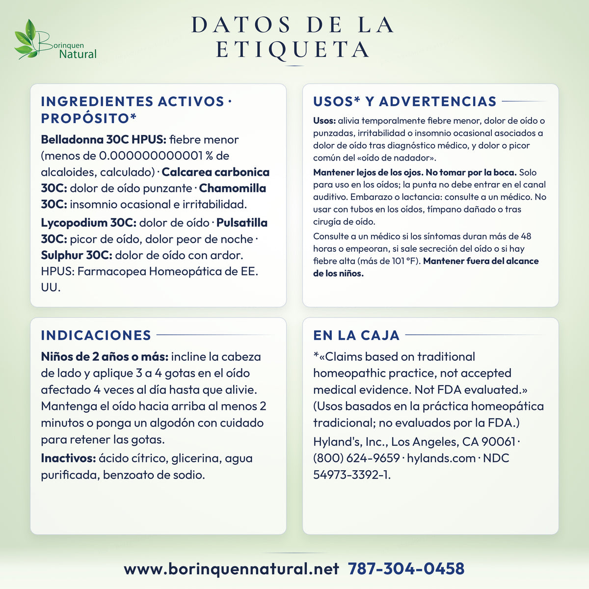 Datos de la etiqueta de Hyland's 4 Kids Earache Relief: ingredientes activos, usos, advertencias e indicaciones