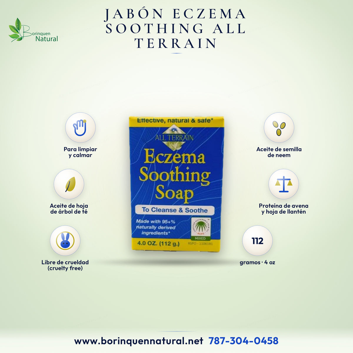 Jabón Eczema Soothing Soap de All Terrain con neem, árbol de té y avena, barra de 4 oz (112 g)
