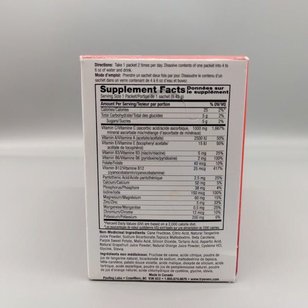 Ener-C Tangerine Grapefruit 1000 Mg 30 unidades — vista posterior del envase