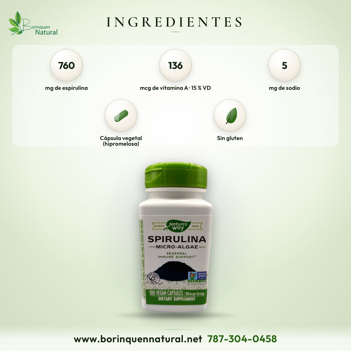 Ingredientes de la espirulina de Nature's Way: 760 mg de espirulina con vitamina A como betacaroteno, en cápsula vegetal