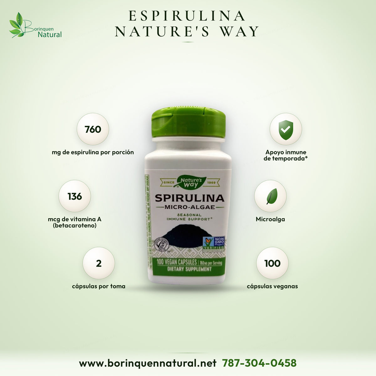 Spirulina Micro-Algae de Nature's Way, apoyo inmune de temporada, 760 mg por porción, 100 cápsulas veganas