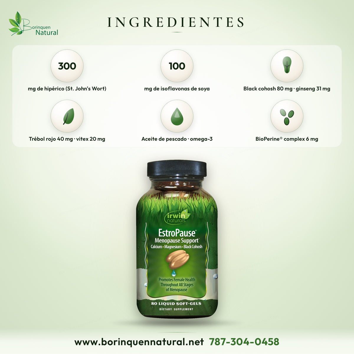 Ingredientes de EstroPause: calcio 500 mg, magnesio 200 mg, aceite de pescado, hipérico y black cohosh