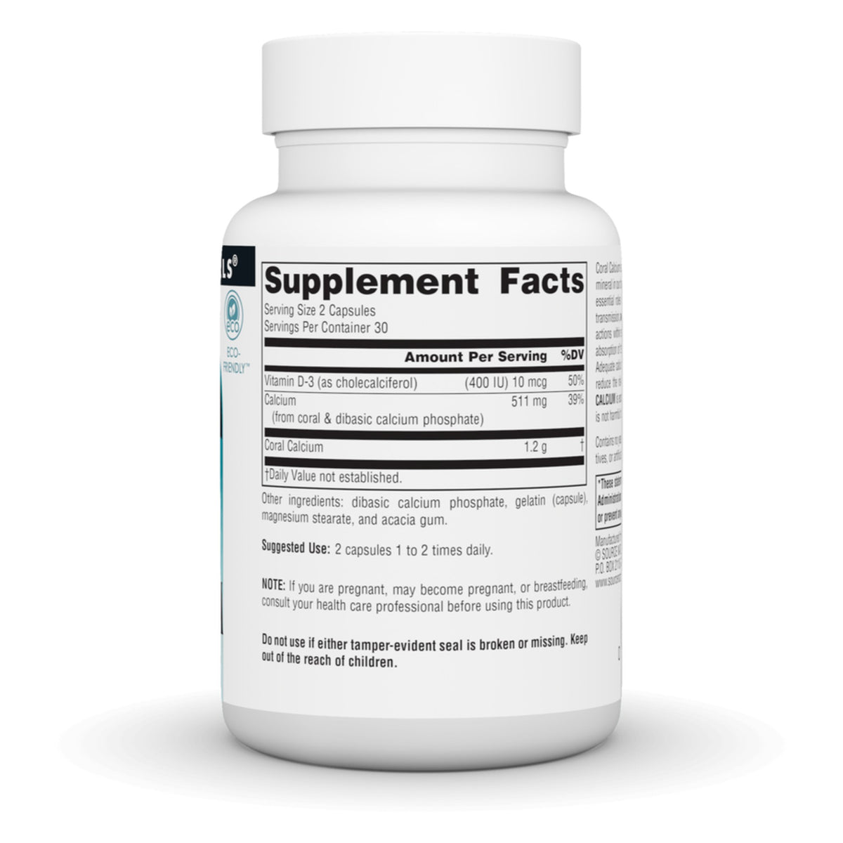 Coral Calcium 600 mg de Source Naturals: etiqueta del envase, Supplement Facts, modo de uso y advertencias