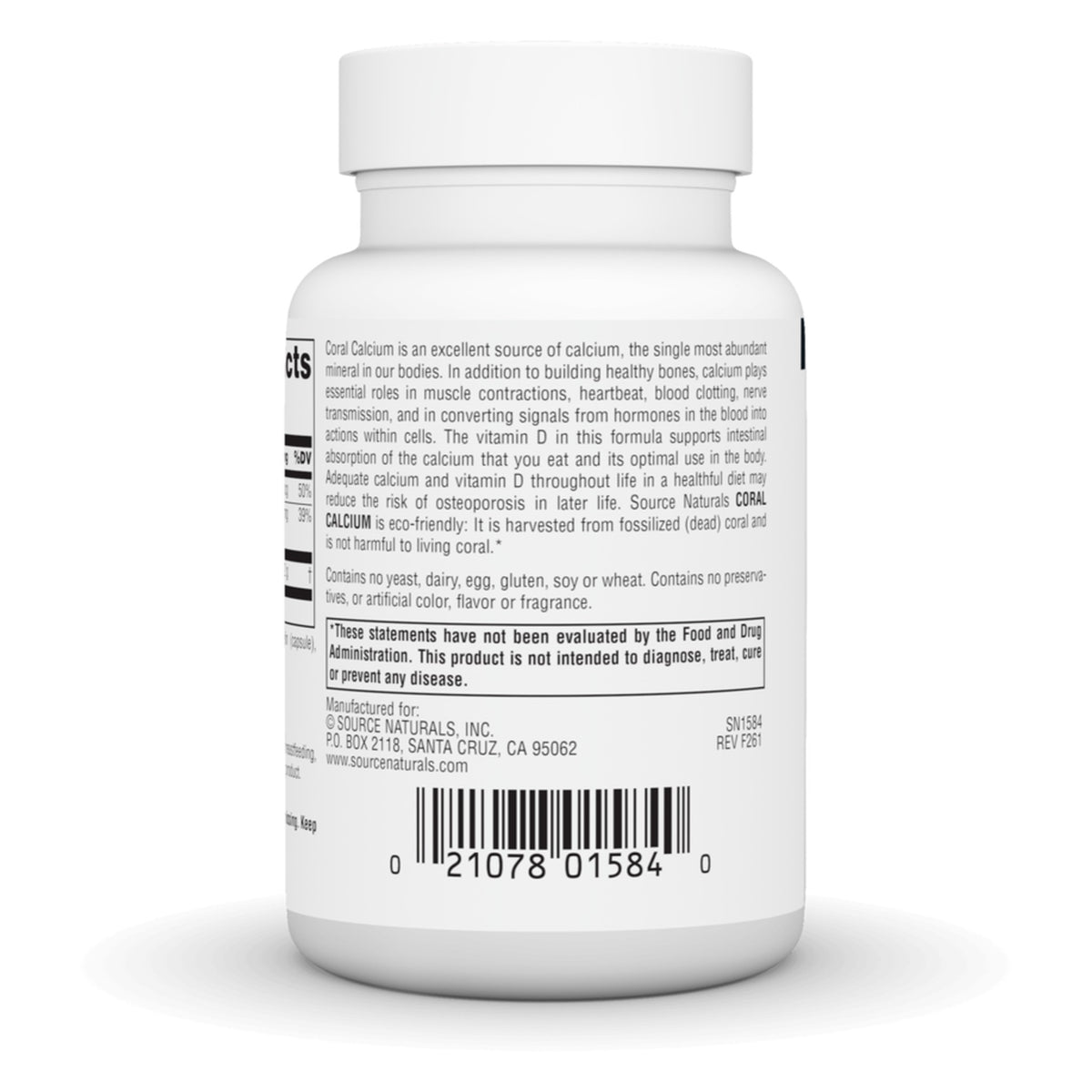 Coral Calcium 600 mg de Source Naturals: etiqueta del envase, lateral con la descripción y el código de barras