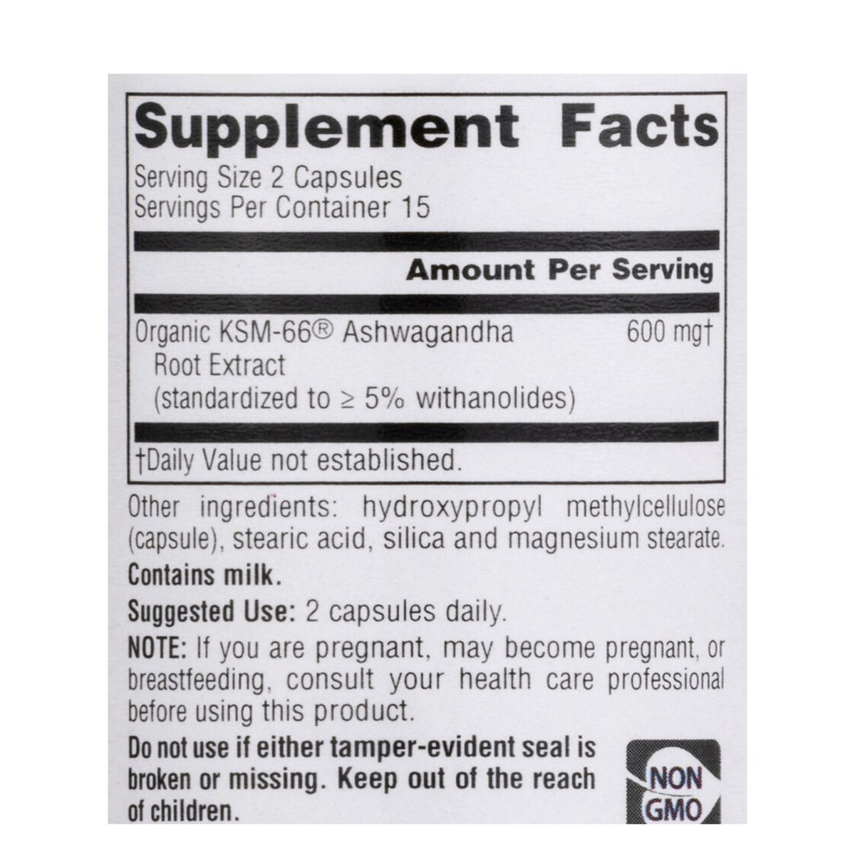 KSM-66 Ashwagandha de Planetary Herbals: etiqueta del frasco, Supplement Facts, modo de uso y advertencias