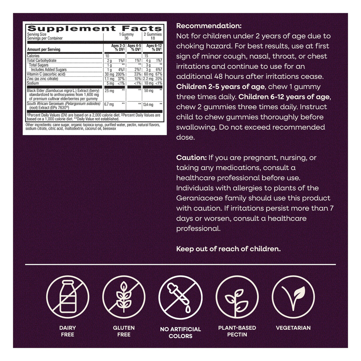Sambucus Kids Cough Relief + Immune de Nature's Way: etiqueta del envase, Supplement Facts, modo de uso y advertencias