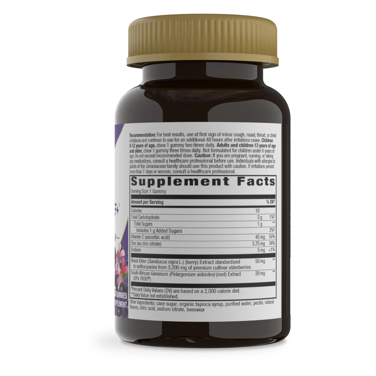 Sambucus Cough Relief + Immune de Nature's Way: etiqueta del envase, Supplement Facts en el frasco