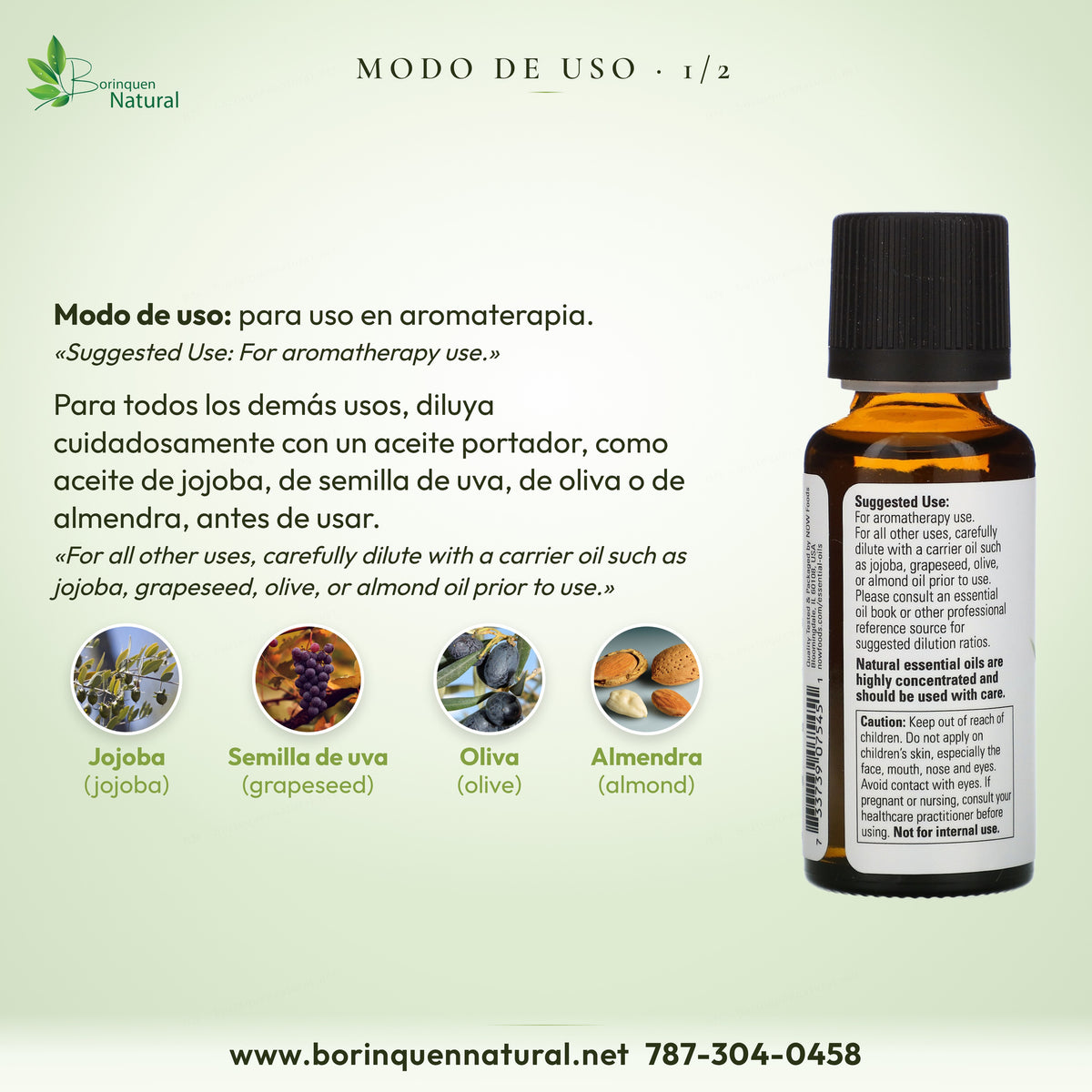 Modo de uso del eucalipto NOW: aromaterapia; para otros usos, diluir en aceite de jojoba, semilla de uva, oliva o almendra