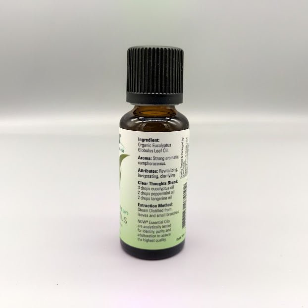 Aceite Esencial de Eucalipto Orgánico 30 ml NOW Essential Oils — etiqueta con los ingredientes