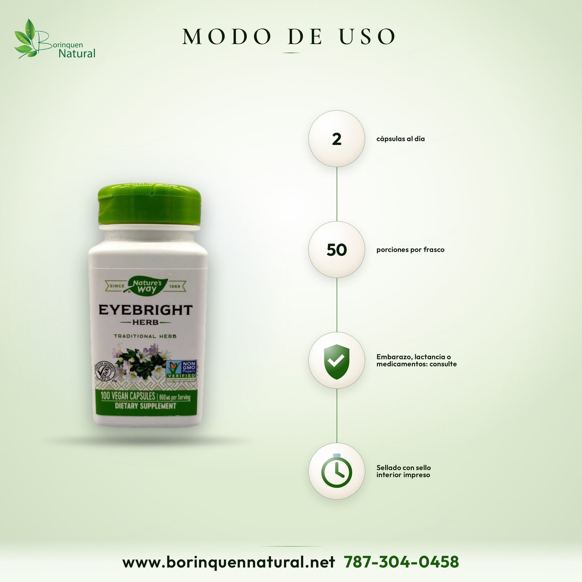 Modo de uso del Eyebright de Nature's Way: 2 cápsulas al día; embarazo, lactancia o medicamentos, consulte antes