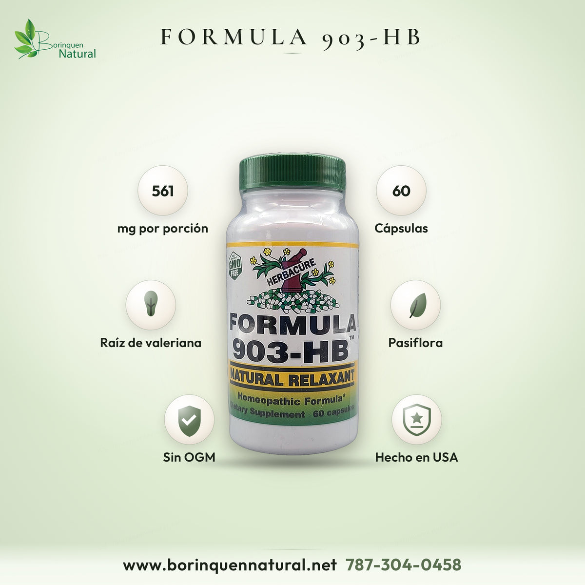 Formula 903-HB de Herbacure, suplemento dietético con raíz de valeriana, pasiflora, boswellia y óxido de magnesio en 60 cápsulas