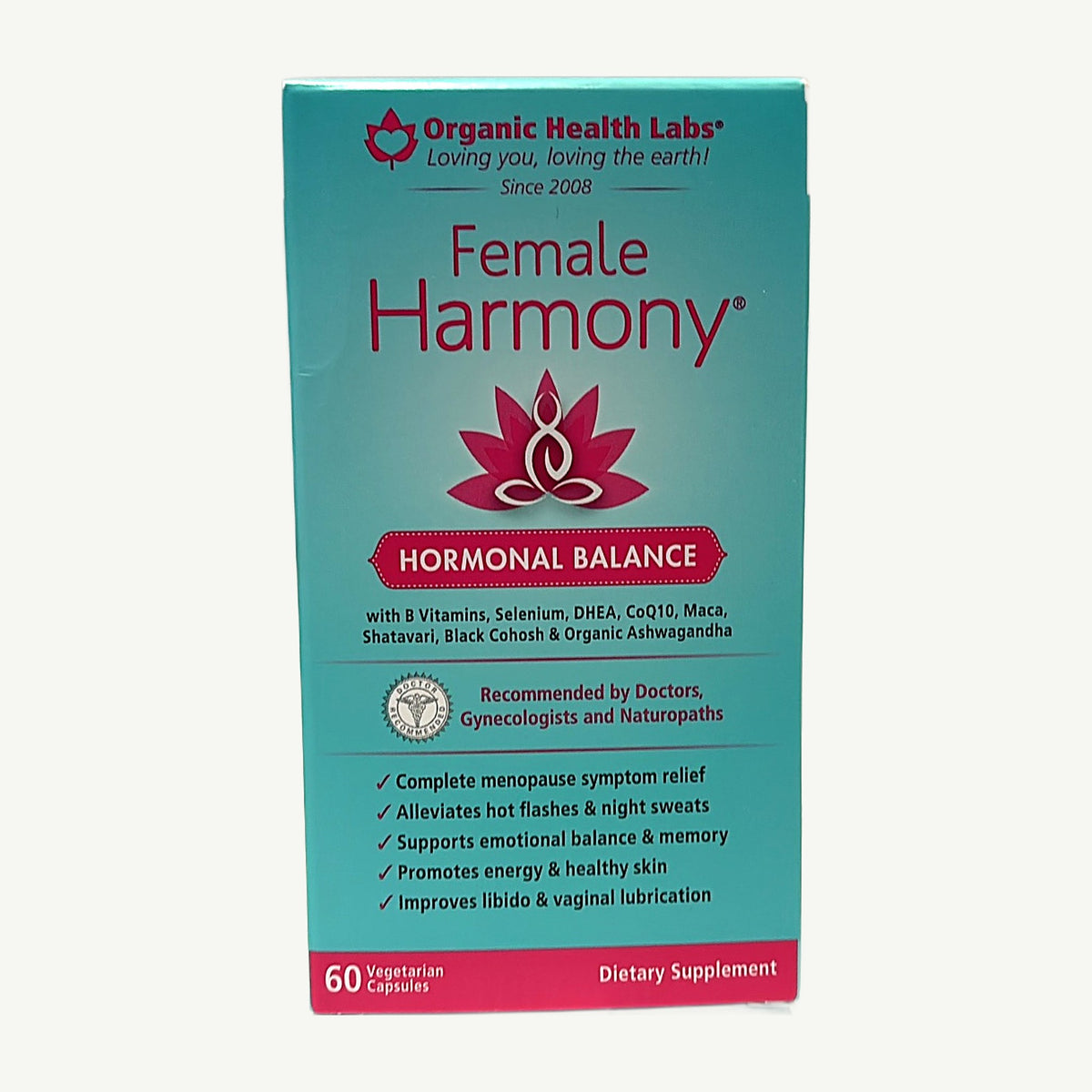Frente de la caja de Female Harmony Hormonal Balance de Organic Health Labs, 60 cápsulas vegetarianas
