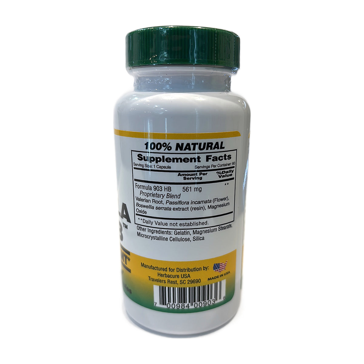 Panel Supplement Facts de Formula 903-HB Herbacure: 1 cápsula, 561 mg de valeriana, pasiflora, boswellia y óxido de magnesio