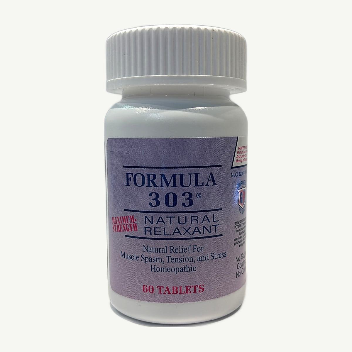 Foto real del frasco de Formula 303 Maximum-Strength Natural Relaxant, homeopático, 60 tabletas, de frente