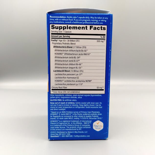 Fortify Age 50+: panel de ingredientes, porción de una cápsula, recomendación y avisos