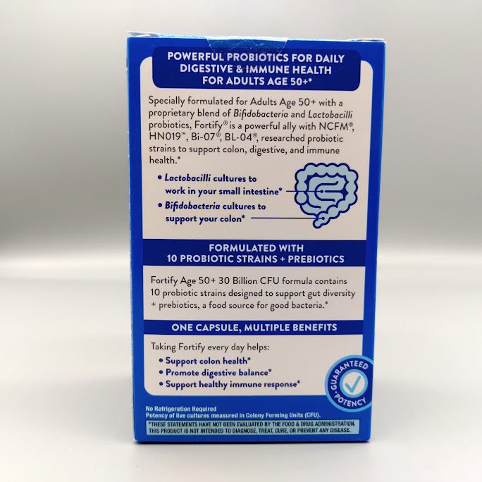 Fortify Age 50+: cara posterior con declaraciones de equilibrio digestivo, colon y salud inmunitaria