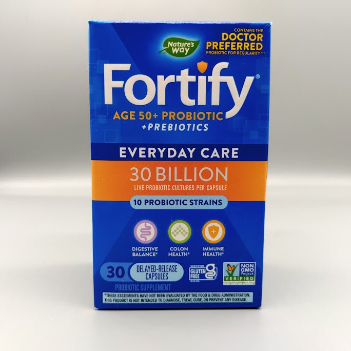 Fortify Age 50+ Nature’s Way: frente con 30 Billion, 10 cepas y 30 cápsulas de liberación retardada