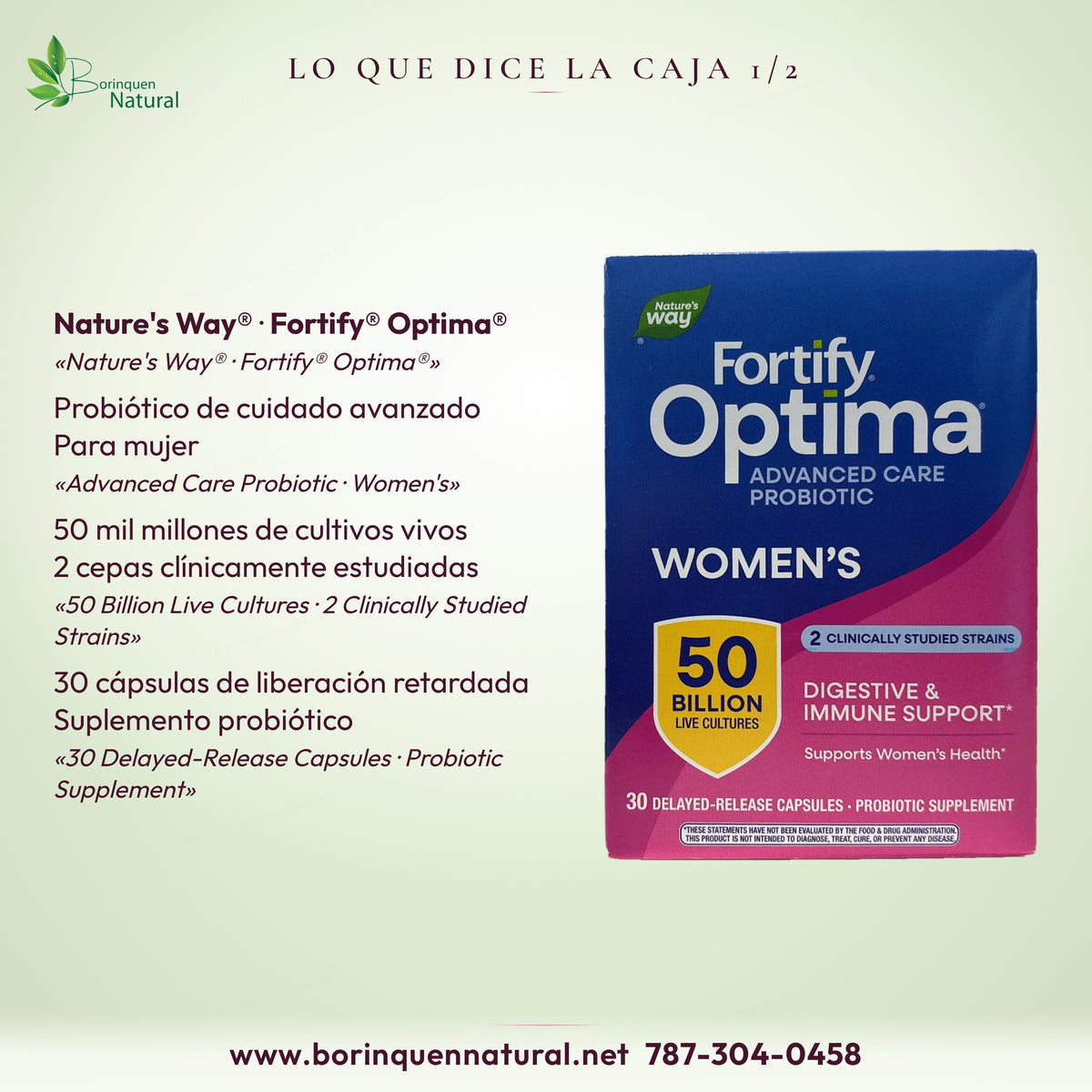 Frente de la caja de Fortify Optima de Nature's Way: probiótico de cuidado avanzado para mujer, 50 mil millones, 30 cápsulas