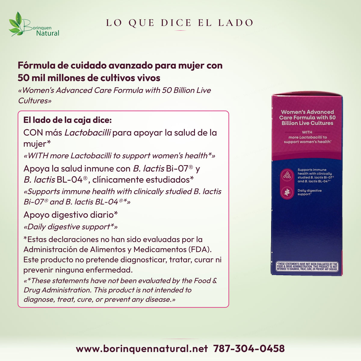 Lado de la caja de Fortify Optima Women's: fórmula de cuidado avanzado para mujer con 50 mil millones de cultivos vivos