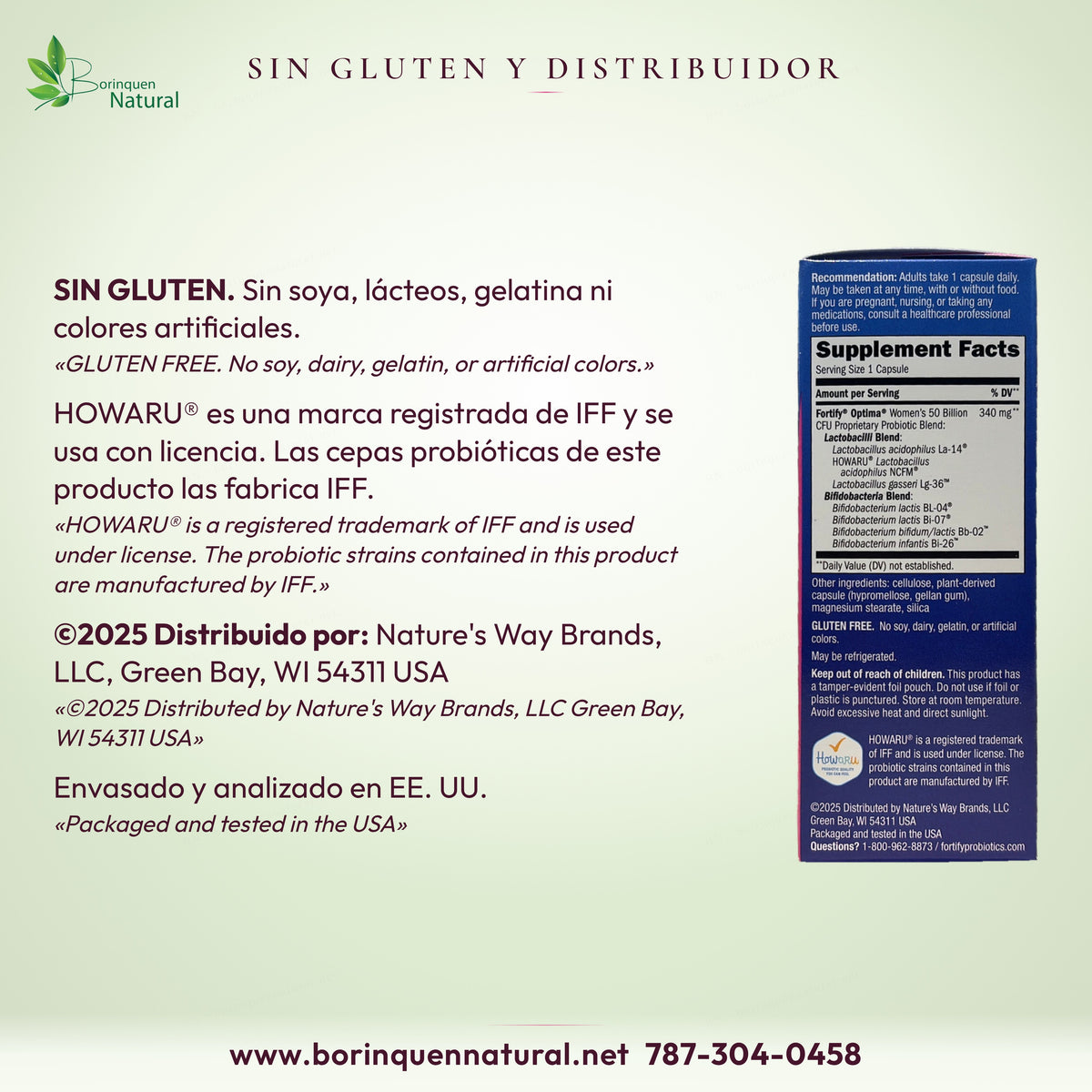 Fortify Optima Women's sin gluten, soya, lácteos, gelatina ni colores artificiales; distribuido por Nature's Way Brands