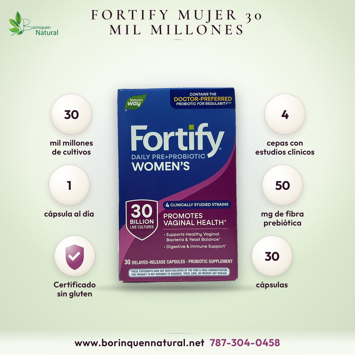 Probiótico y prebiótico para mujer Fortify de Nature's Way, caja de 30 cápsulas con 30 mil millones de cultivos