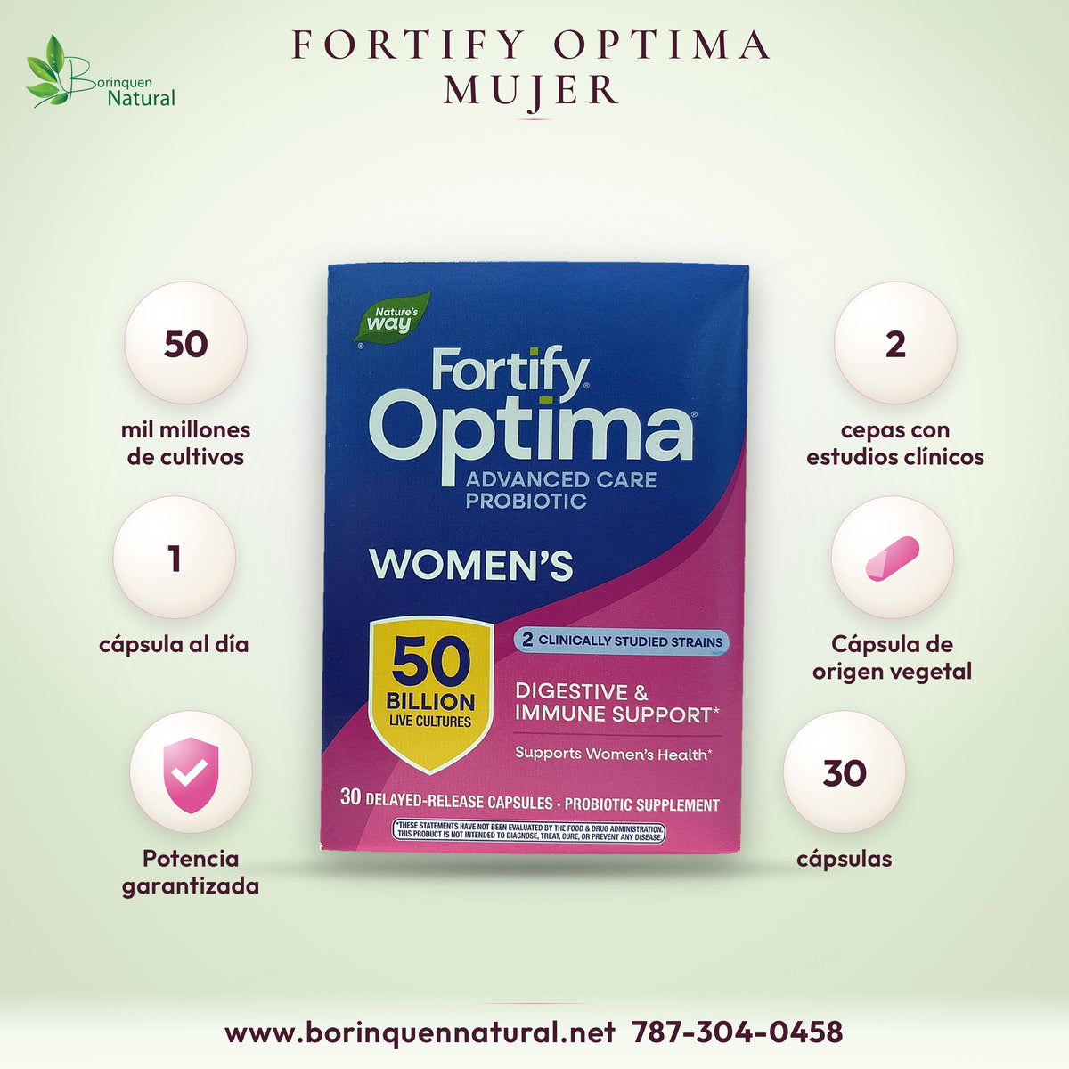 Probiótico para mujer Fortify Optima Advanced Care de Nature's Way, caja de 30 cápsulas con 50 mil millones de cultivos vivos