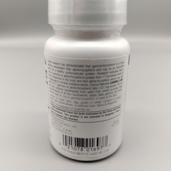 Gamma E400 de Source Naturals — vista posterior del envase
