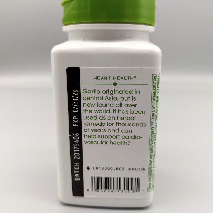 Garlic Bulb bottle side: Heart Health, batch 20175406, EXP 07/31/28 and barcode