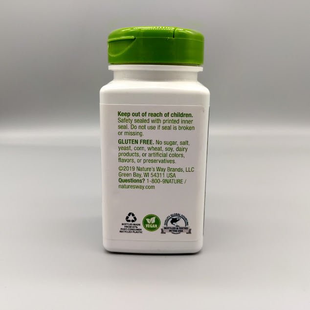 Garlic Bulb bottle side: Keep out of reach of children, Gluten Free and Vegan seal