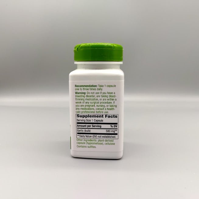 Garlic Bulb bottle side: Recommendation, Warning and Supplement Facts with 580 mg garlic (bulb)