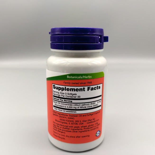 Aceite de ajo 1500 mg de NOW, frasco de 100 softgels — etiqueta con los ingredientes