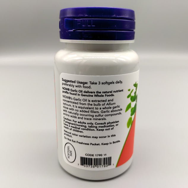 Aceite de ajo 1500 mg de NOW, frasco de 100 softgels — vista posterior del envase
