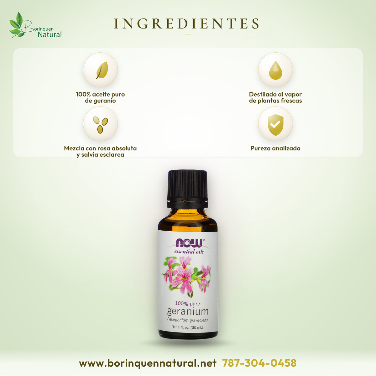 Ingredientes del aceite de geranio NOW: 100% aceite puro de geranio destilado al vapor de plantas frescas