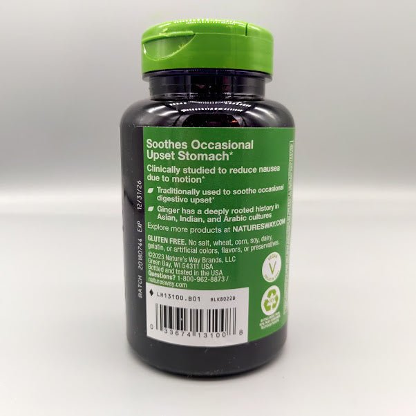 Ginger - Root - 100 Vegan Capsules - 1,100 mg de Natures Way — vista posterior del envase (foto de archivo)