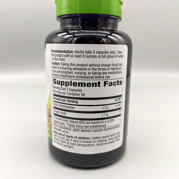 Ginger - Root - 100 Vegan Capsules - 1,100 mg de Natures Way — etiqueta con los ingredientes (foto de archivo)