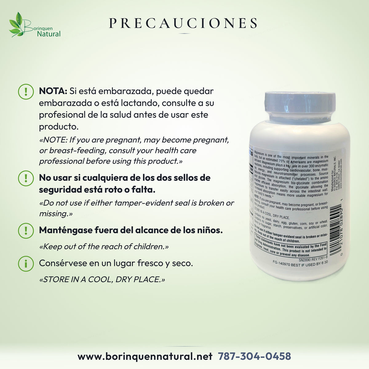 Precauciones del Glicinato de Magnesio: consultar si está embarazada o lactando; sellos; fuera del alcance de los niños