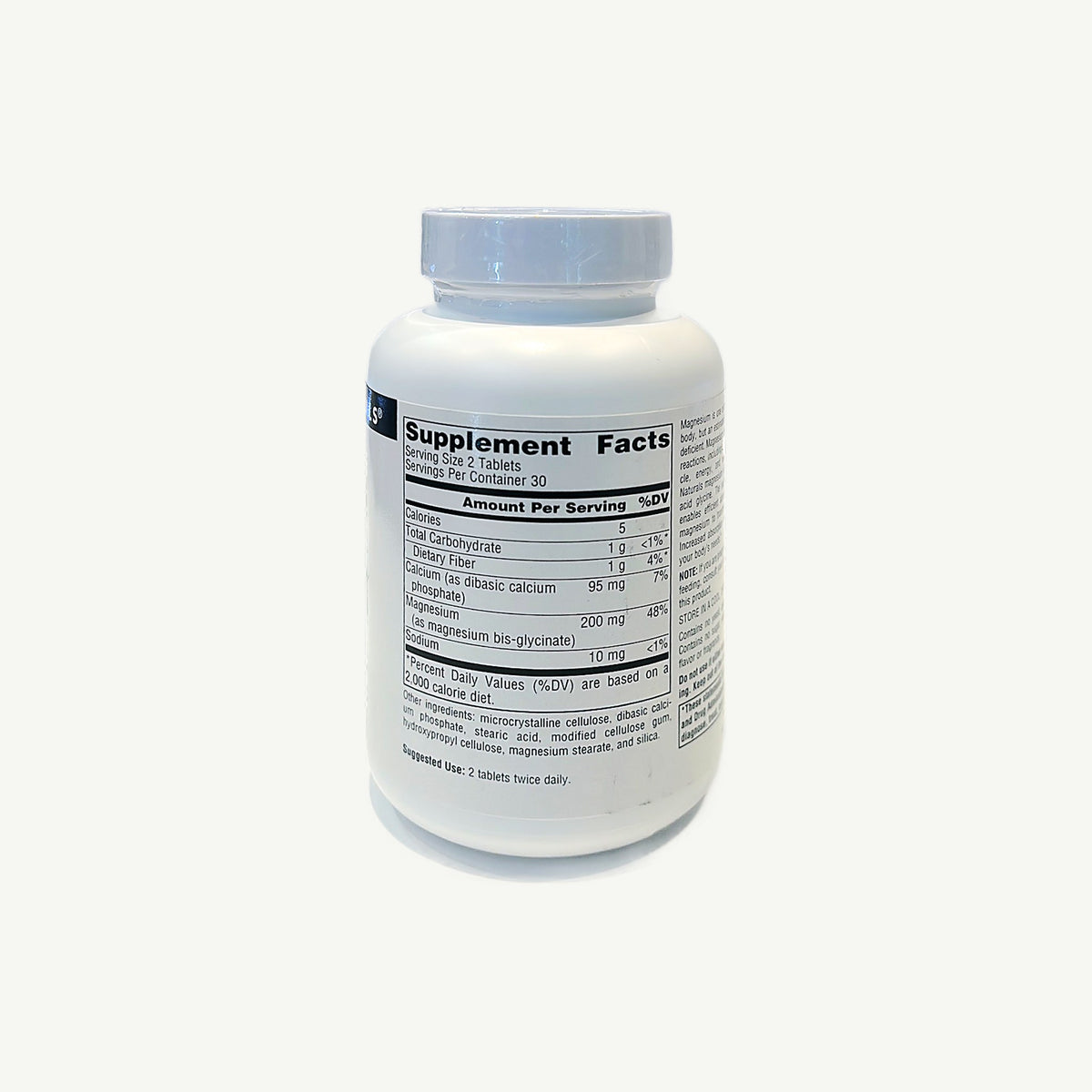 Frasco de Glicinato de Magnesio Source Naturals, foto real de la tienda: Supplement Facts, otros ingredientes y modo de uso