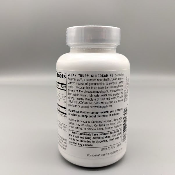 Glucosamina Vegana 750 mg Vegan True Source Naturals 60 Tabletas — vista posterior del envase