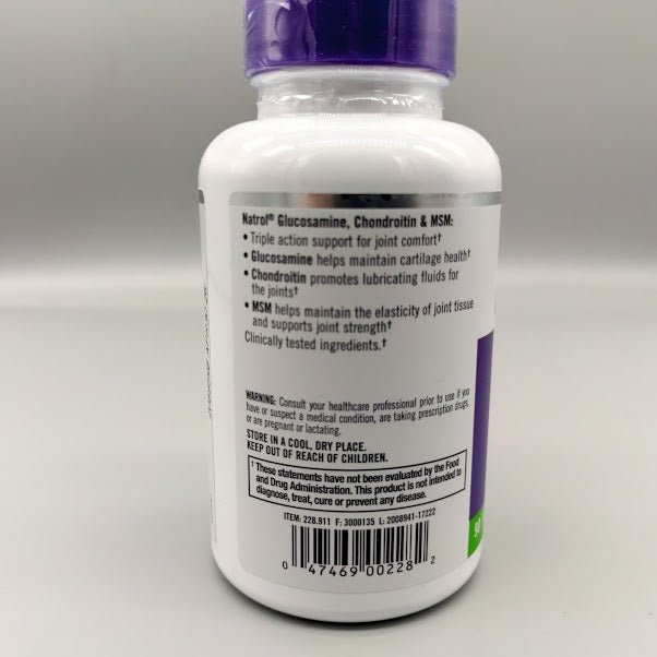 Glucosamina, Condroitina y MSM Natrol Joint Mobility, 90 Tabletas — vista posterior del envase