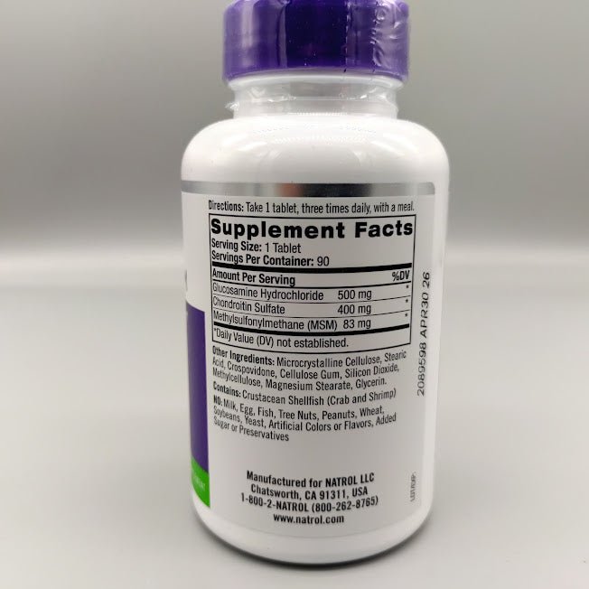 Glucosamina, Condroitina y MSM Natrol Joint Mobility, 90 Tabletas — etiqueta con los ingredientes