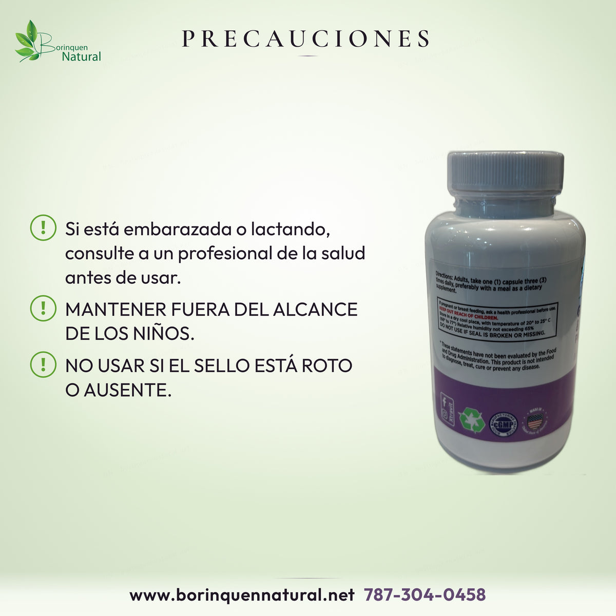 Consultar durante embarazo o lactancia; mantener lejos de niños; no usar con sello roto o ausente.