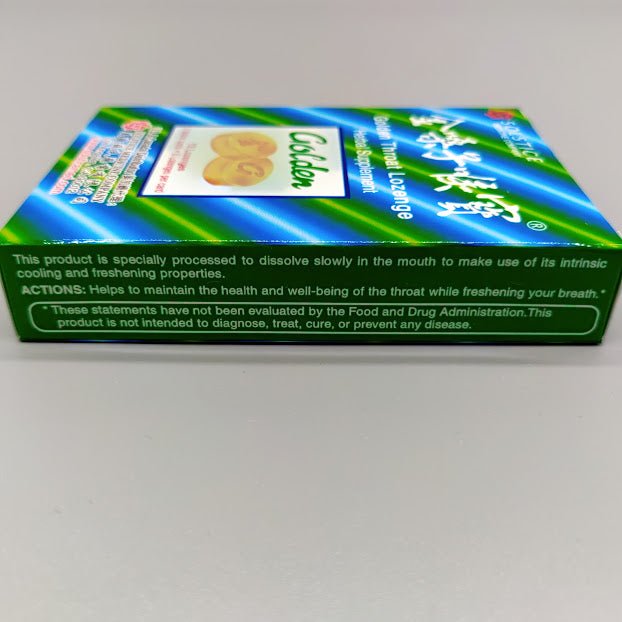 Golden Throat Lozenge, caja de 12 pastillas de madreselva para la garganta — etiqueta con los ingredientes