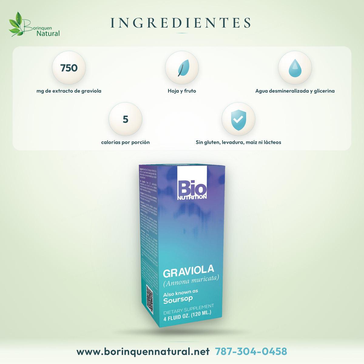 Ingredientes de la Graviola líquida de Bio Nutrition: 750 mg de extracto de graviola (hoja y fruto) en agua desmineralizada y glicerina con sabor a mango