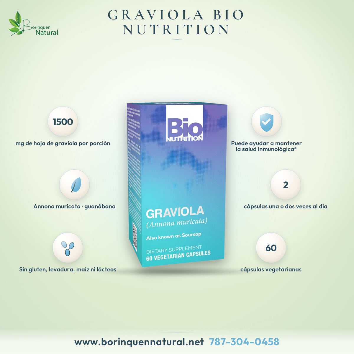 Graviola (Annona muricata), también conocida como guanábana, de Bio Nutrition: 1,500 mg de hoja de graviola por porción, caja de 60 cápsulas vegetarianas