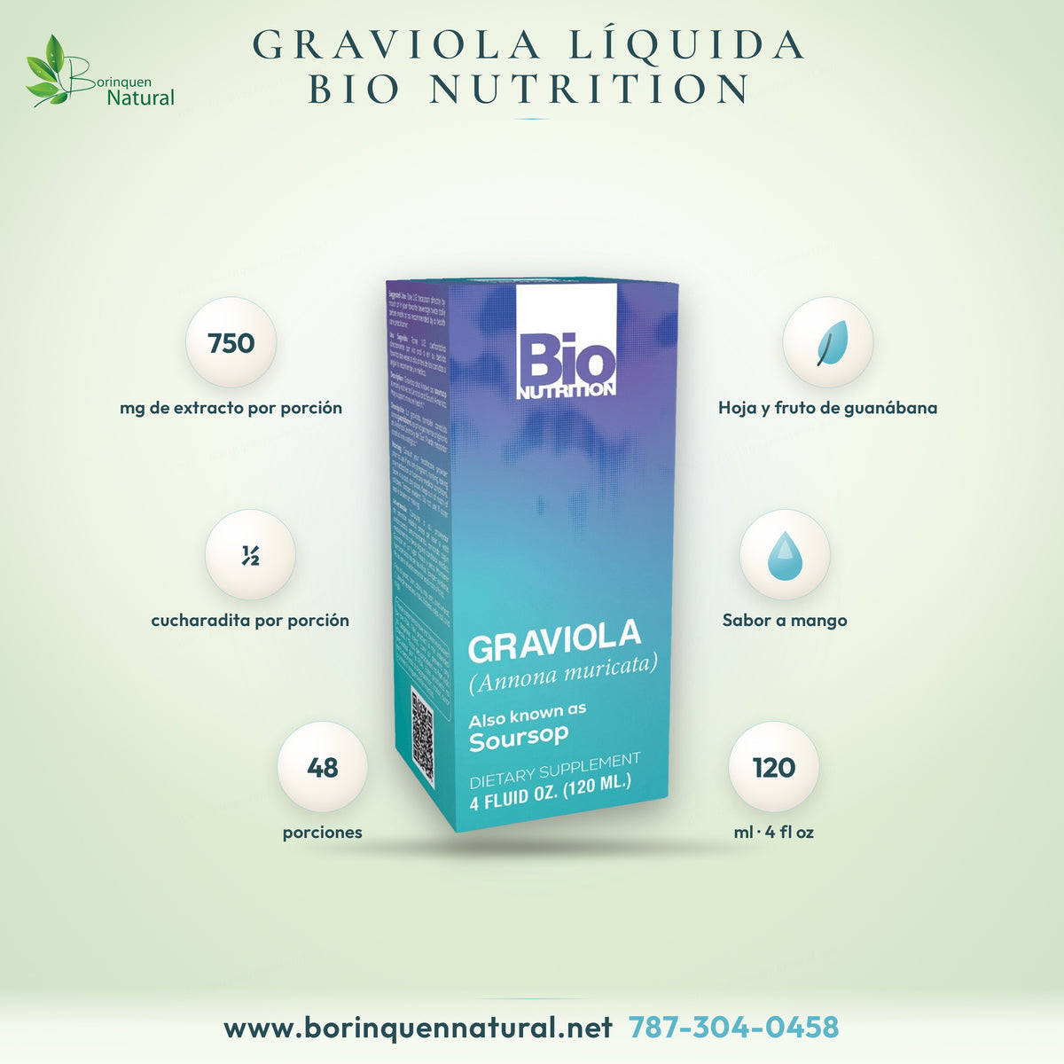 Graviola (Annona muricata), también conocida como guanábana, extracto líquido de hoja y fruto de Bio Nutrition con sabor a mango, caja de 4 fl oz (120 ml)