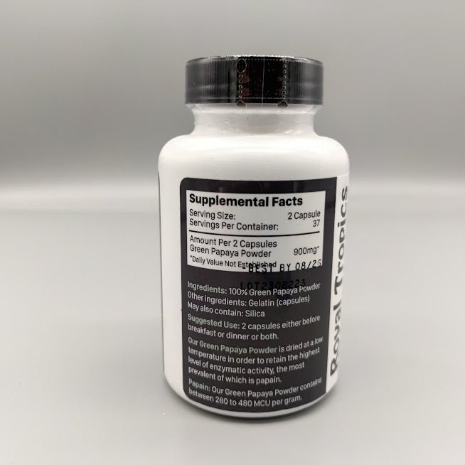 Green Papaya Digestive Enzymes 75 capsule de Royal Tropics — etiqueta del producto (foto de archivo)