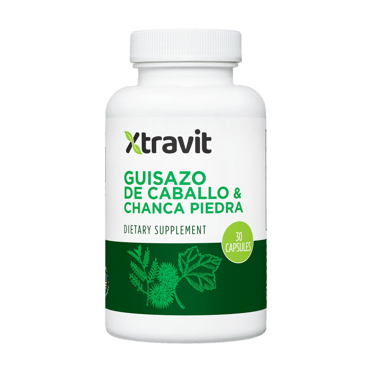 Guizazo de Caballo y Chanca Piedra Xtravit, suplemento dietético de 30 cápsulas; frente del envase.